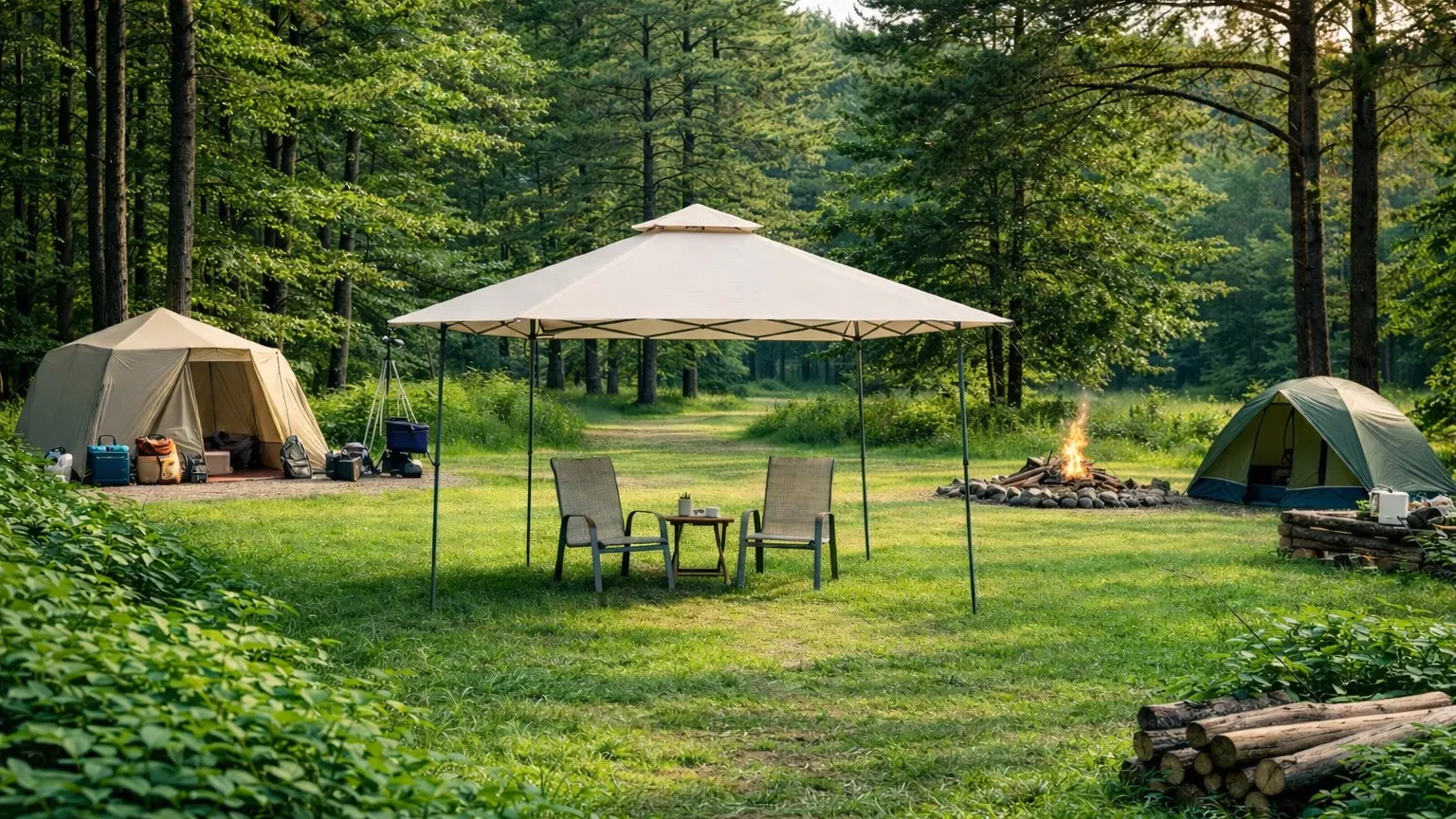 A Garden Winds canopy shading chairs at a forest campsite