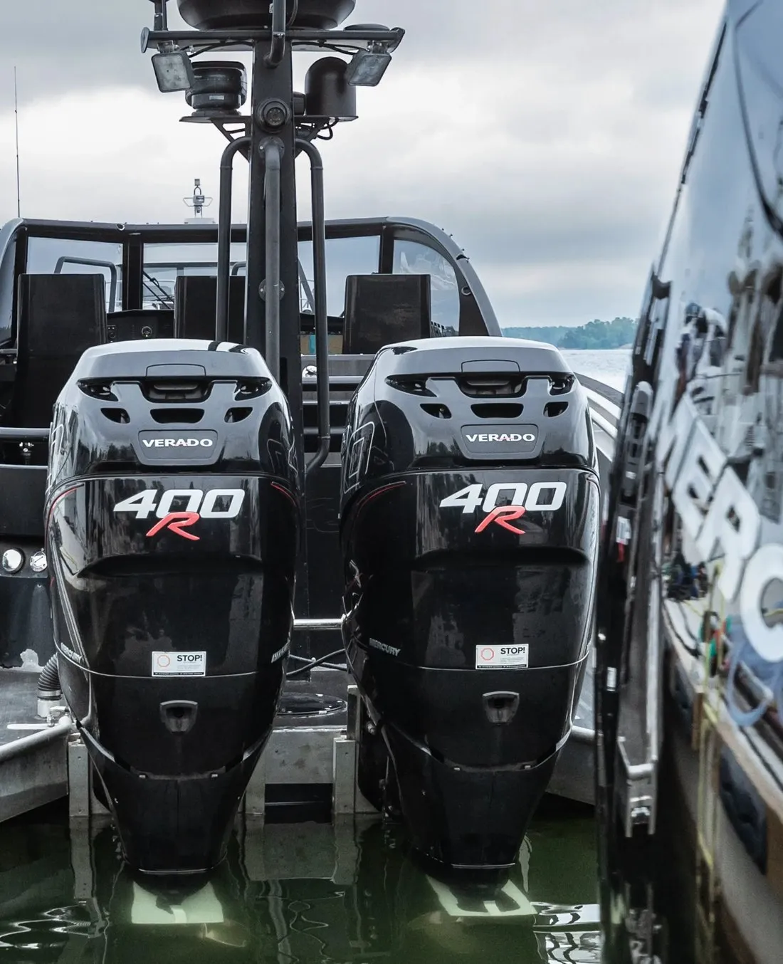 Twin Mercury 400R outboard motors on the back of a boat