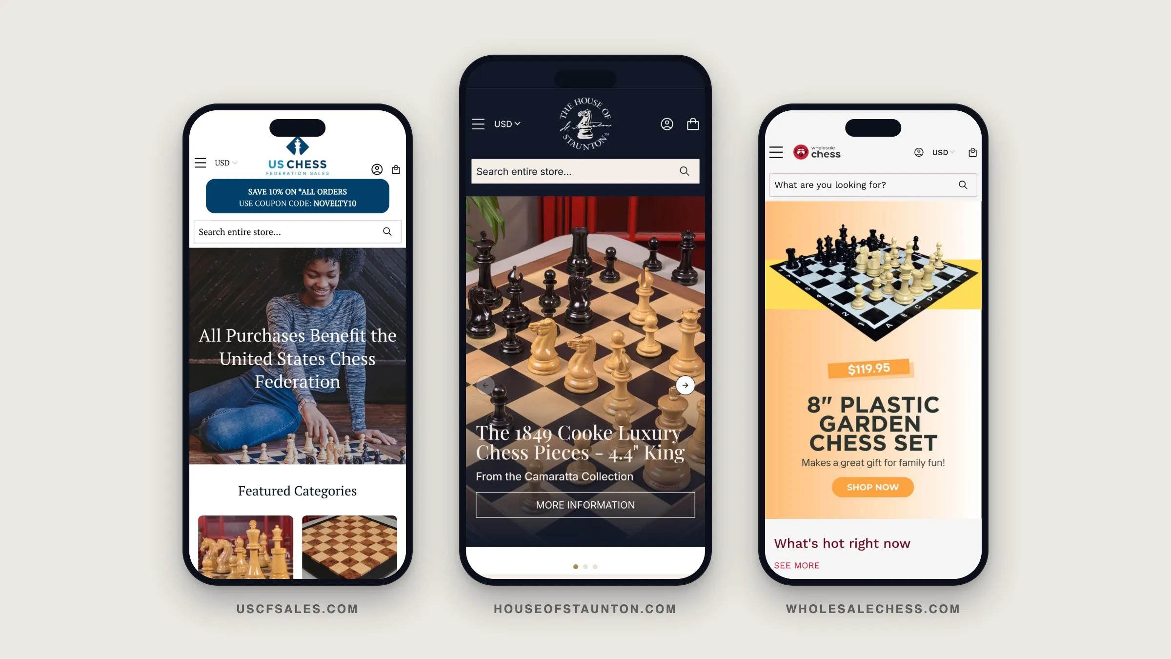The three storefronts on phones: US Chess Sales, House of Staunton, and Wholesale Chess, all running on one Shopify Plus codebase