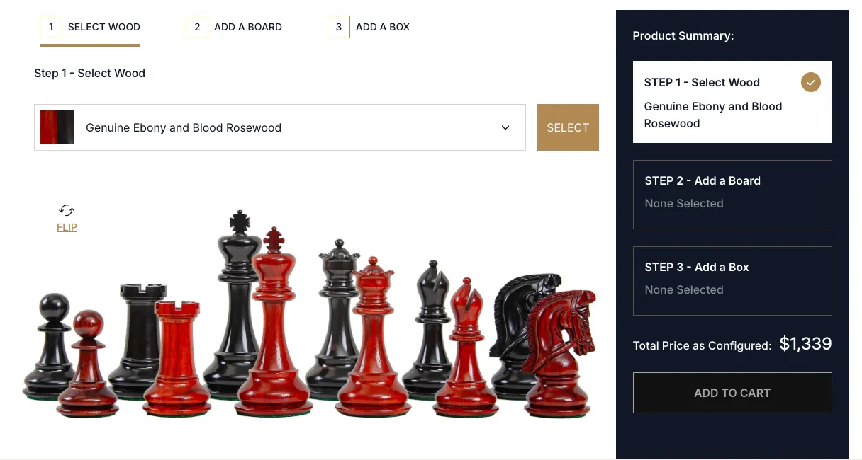The House of Staunton chess set builder: a wood selected in step one, board and box steps to go, and the total price as configured