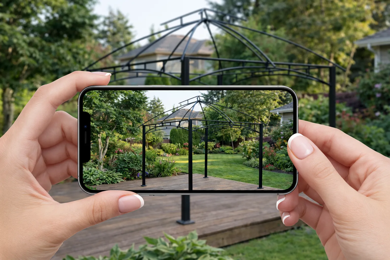 Photographing a gazebo frame with a phone to find its replacement canopy
